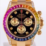 Gold Rolex Daytona watch with rainbow bezel and diamond accents