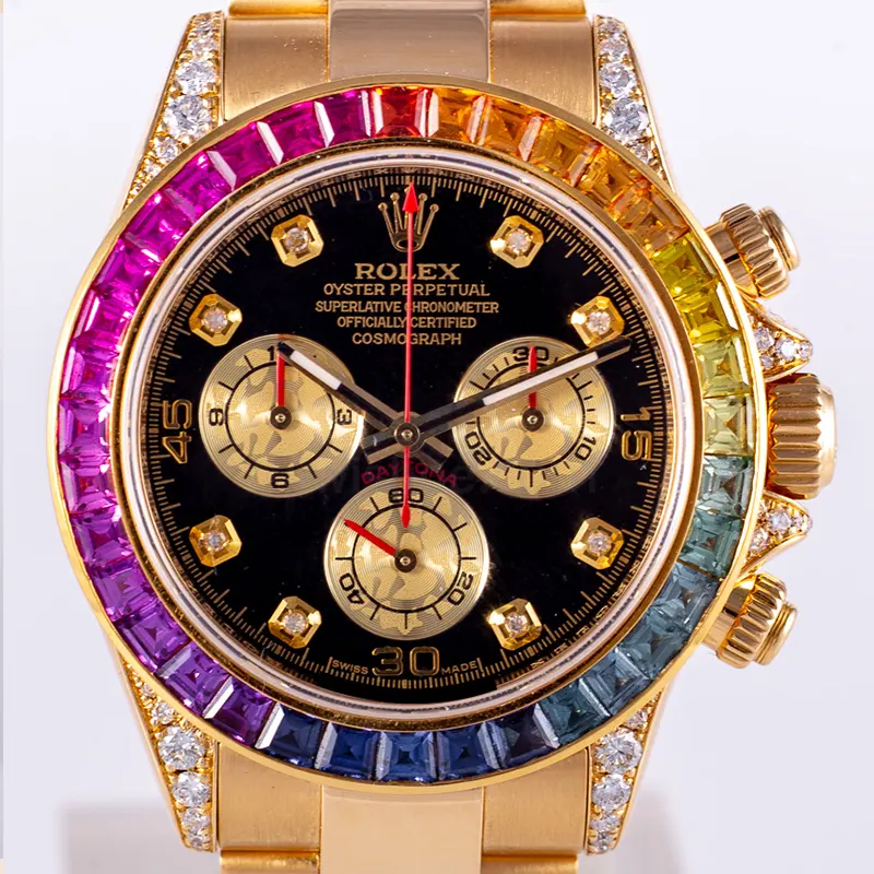 Gold Rolex Daytona watch with rainbow bezel and diamond accents